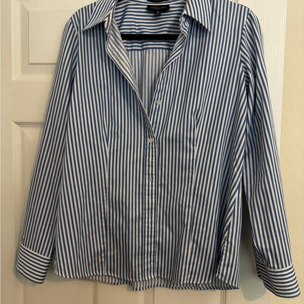 Foxcroft Women's Blue and White Striped Blouse No Iron